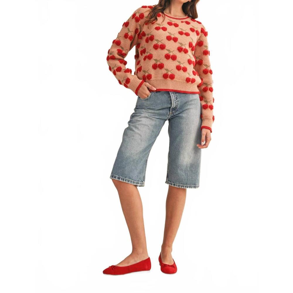 Crewneck Pom Pom Sweater in Peach with Red Accents